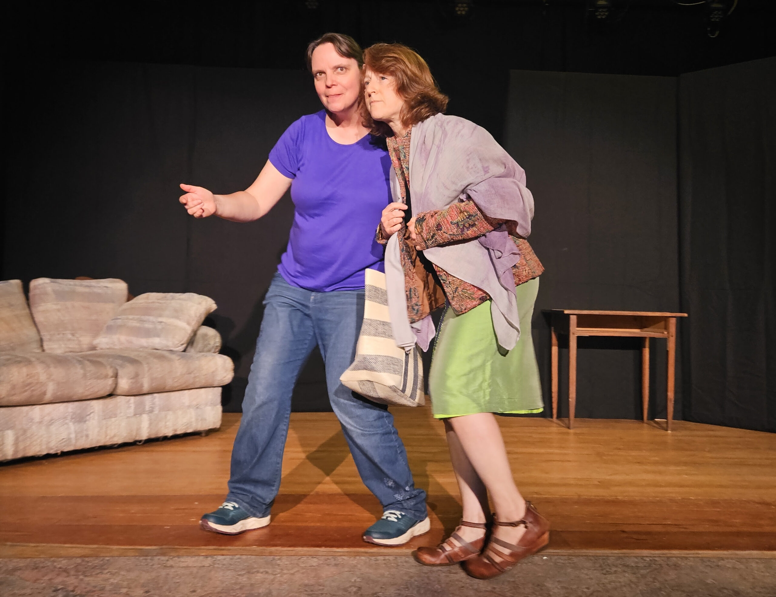 Kay Beckett (left) plays the fledgling company’s ambitious producer, Greta, and Rachel Distler (right) plays Constance Flugelbert, the theatre’s highly opinionated benefactor who’s stuck in the past.